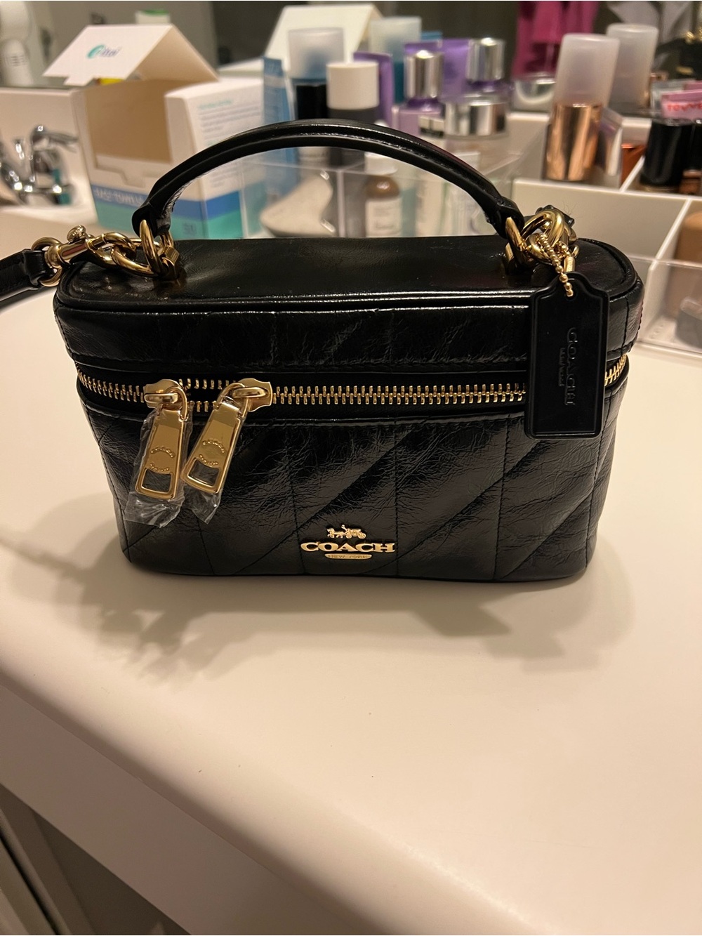Coach Black Quilted Leather Mini Top-Handle Bag with Gold Hardware